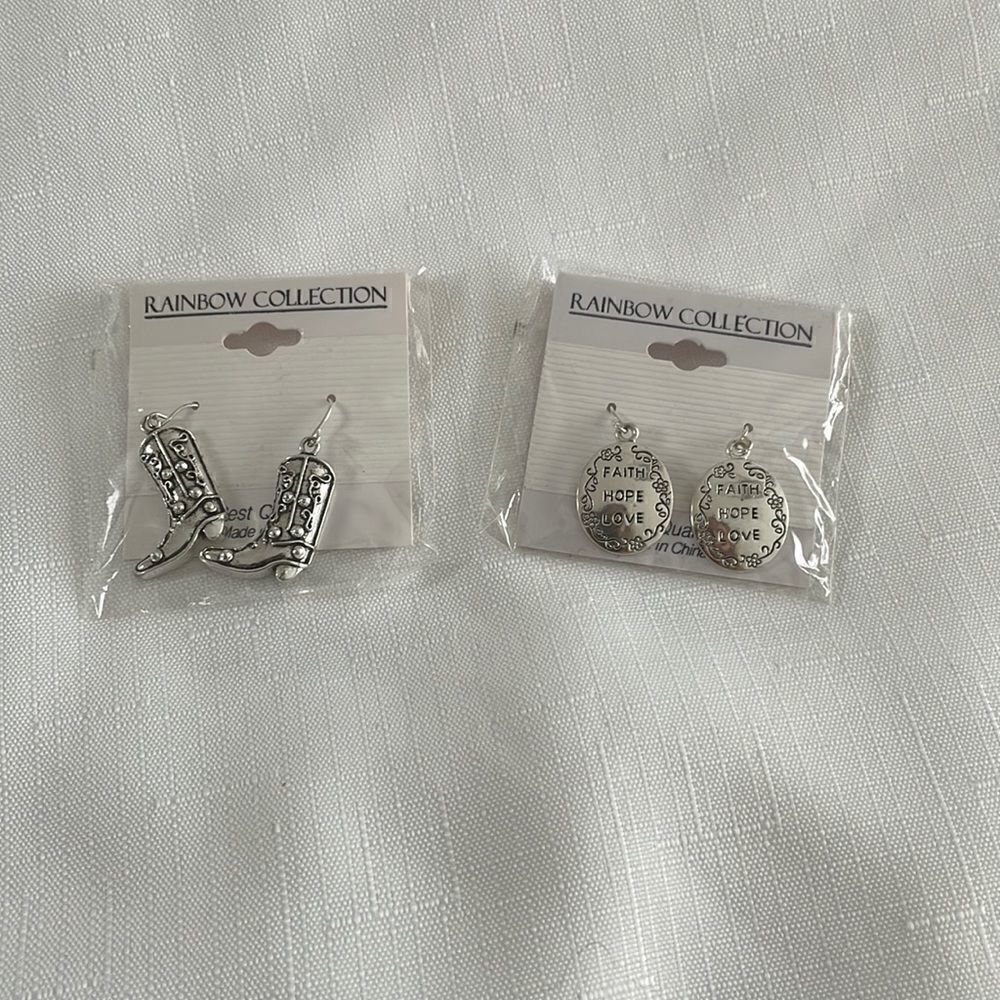 SILVER EARRINGS BUNDLE.  COWGIRL AND “FAITH HOPE LOVE” EARRINGS.